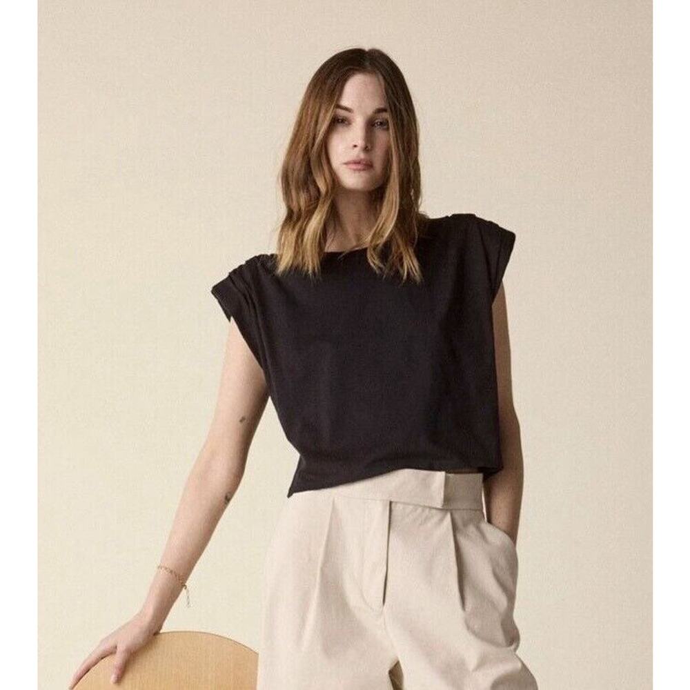 St. Roche‎ Echo Crop Tee Shirt Short Sleeves Shoulder Pads Black Size S NEW